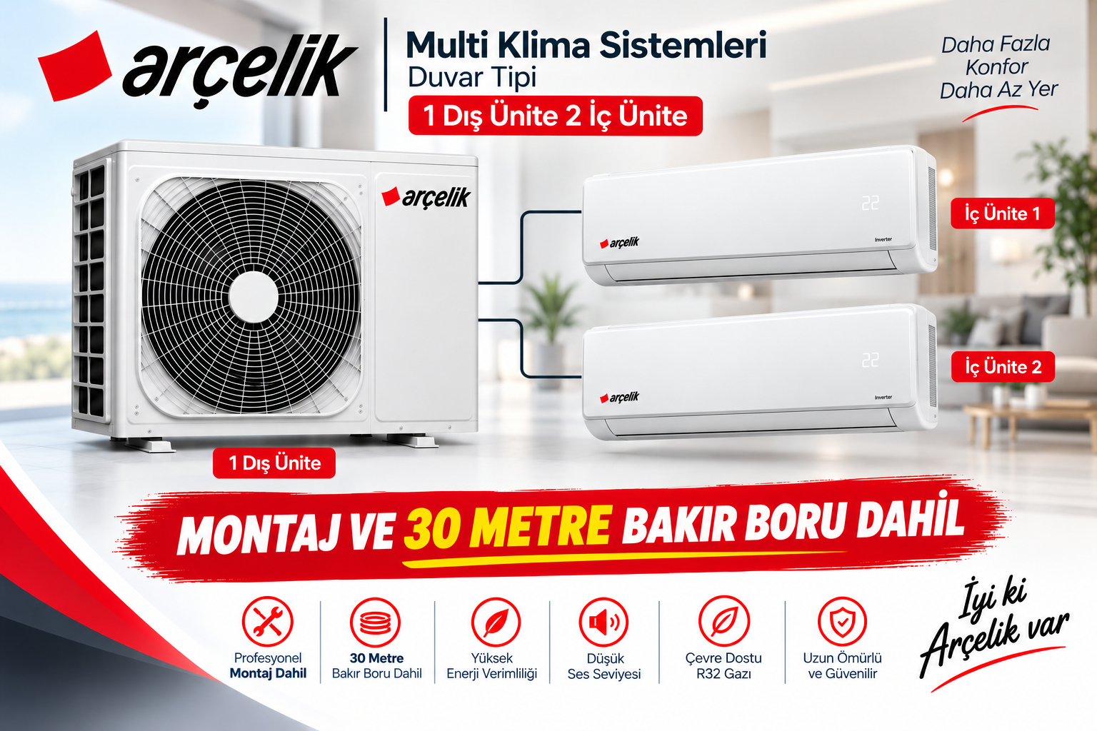 Arçelik Multi Sistem Split İnverter Klima  9+12 İç 18 Dış